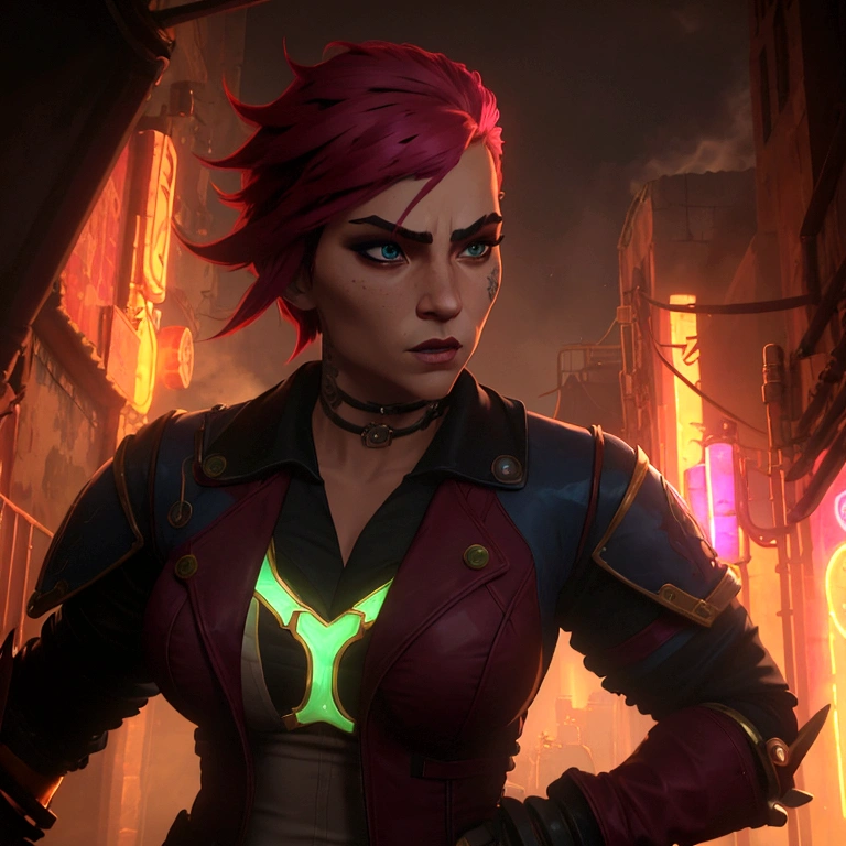 A dynamic pose of Vi from Arcane: League of Legends, with detailed face, wearing her signature blue and yellow jacket, with her gauntlets raised, and a determined expression on her face. She has short pink hair, blue eyes, and a Roman numeral VI tattoo on her cheek. Her attire is punk-inspired, featuring a leather jacket, and she has large mechanical gauntlets. Her physique is athletic and muscular. The background is a dark, gritty alleyway in Zaun, with flickering neon lights and smoke in the air. The scene is lit by a single spotlight, illuminating Vi.