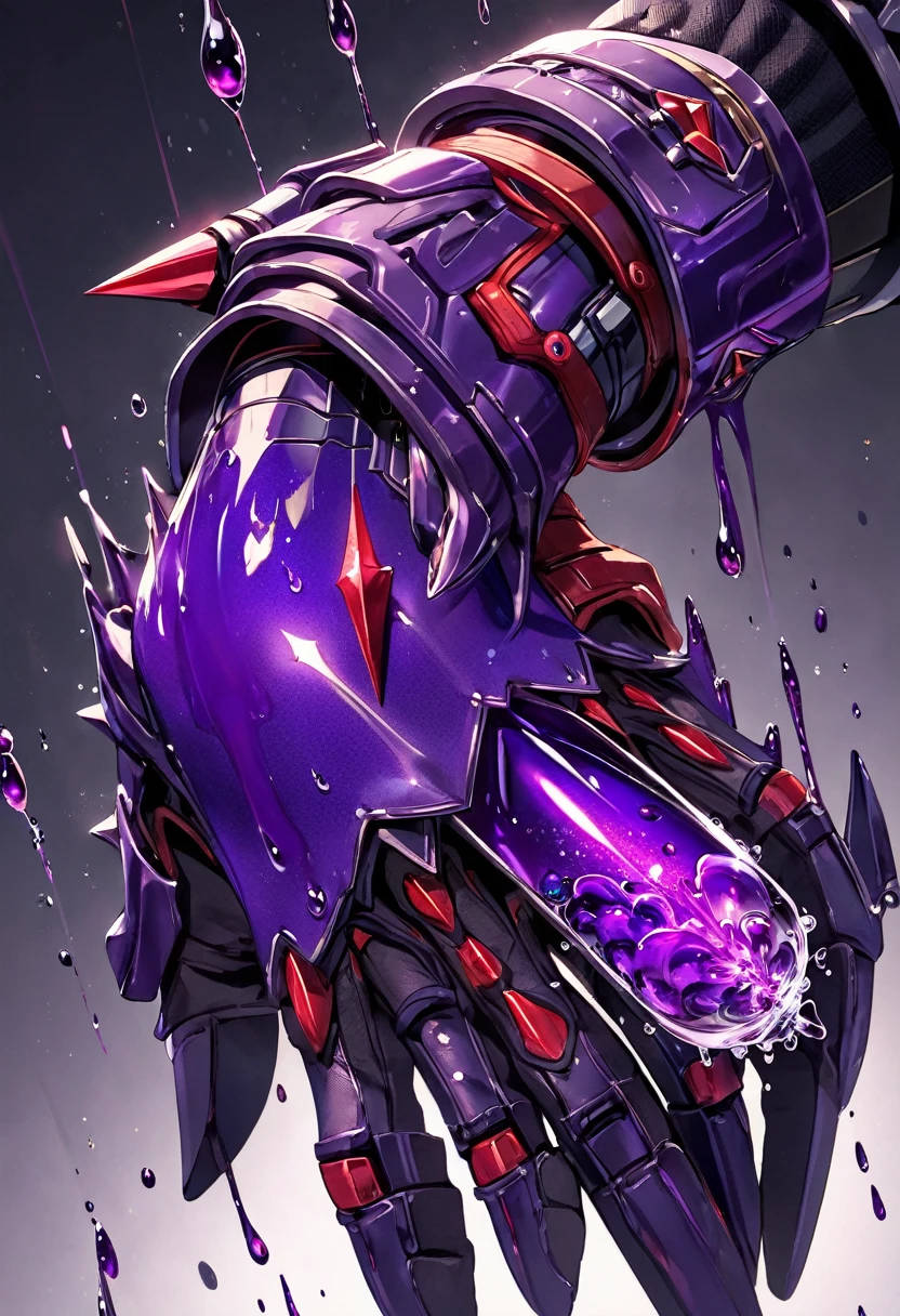 a extremely detailed high tech dark purple gauntlets with a single red spike coming out the front, dripping with a purple liquid