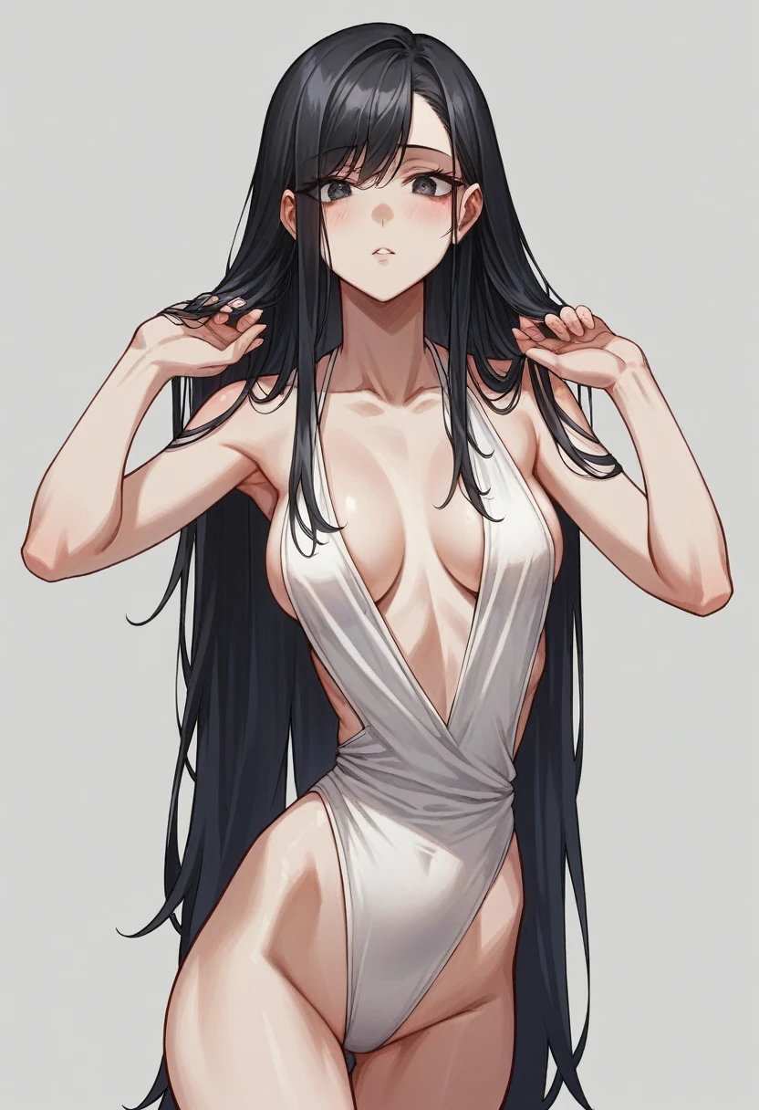 Very delicate, beautiful girl, break, 8K, Highest quality, masterpiece, Super adopted, Super detailed girls, Ultra-fine illustrations, break, (Sexy pose:1.4), (View your viewers), whole body, One Girl,Ray Tracing,Beautiful breasts,Long black hair, Black oversized swimsuit,((White background)),Waistline,medium chest circumference,Nakajiri, (The body is facing sideways)