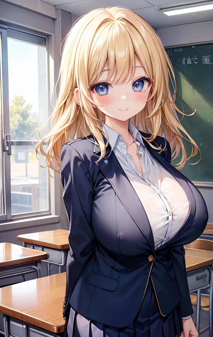 masterpiece,Highest quality,(Super detailed),Perfect lighting, Extremely detailed CG,Very detailed,(Very detailed目,Very cute face,Very detailed顔:1.3),Beautiful Anime Girls,(Solo Girl),(Super huge boobs:1.2),(Sensual,glamorous:1.4),(blonde,Medium Hair,Twin Blade,Let your hair hang forward:1.2),(Big bright blue eyes),(Very happy smile,Please open your mouth wide),break,(school uniform,Navy Blue Blazer,Unbutton and open your jacket:1.3),Beige vest,Collared shirt,White shirt,Pleated skirt,School classroom,Aligned desks,Curtains swaying in the wind,blackboard,(Cowboy Shot),Please place your hand on your chest,