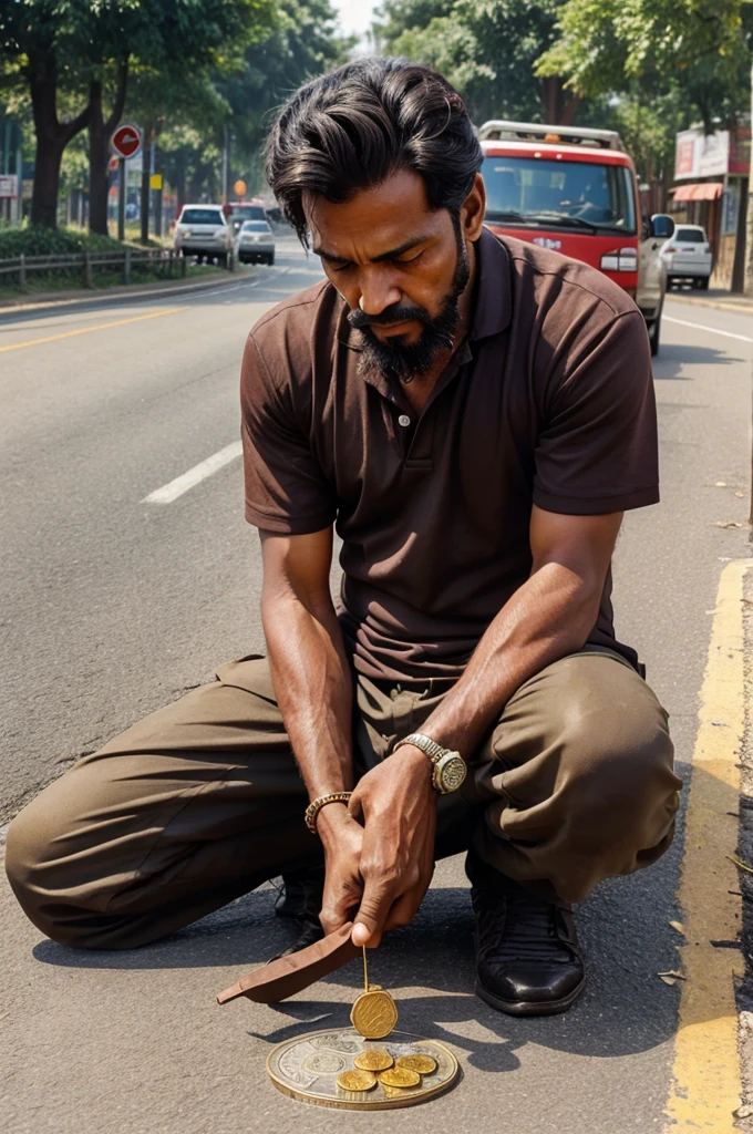 A poor man making complete lion for coin on road
