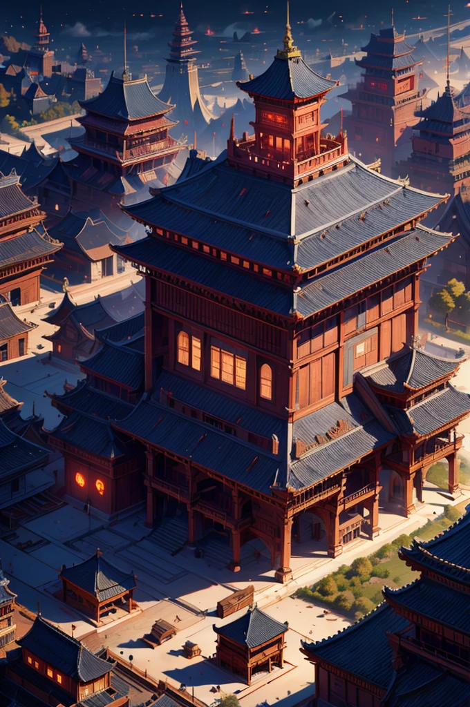 Hanshan Temple outside Gusu City, the midnight bell to the passenger ship, superb, masterpiece, illustration, wallpaper, absurd, bird's eye view, bird's eye view: 0.3