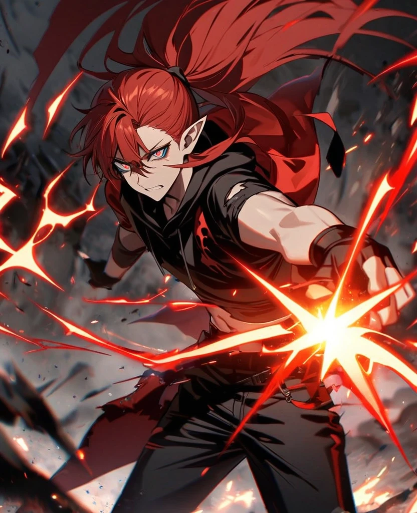 Male,5'4,pierced pointy ears,light skin,one orange eye one blue eyes, red long hair with white tips half up half down,black albow length fingerless gloves,ripped red short sleeve cropped hoodie,black tight shirt,ripped black jeans,darkness in his eyes,dark magic,on a battle field