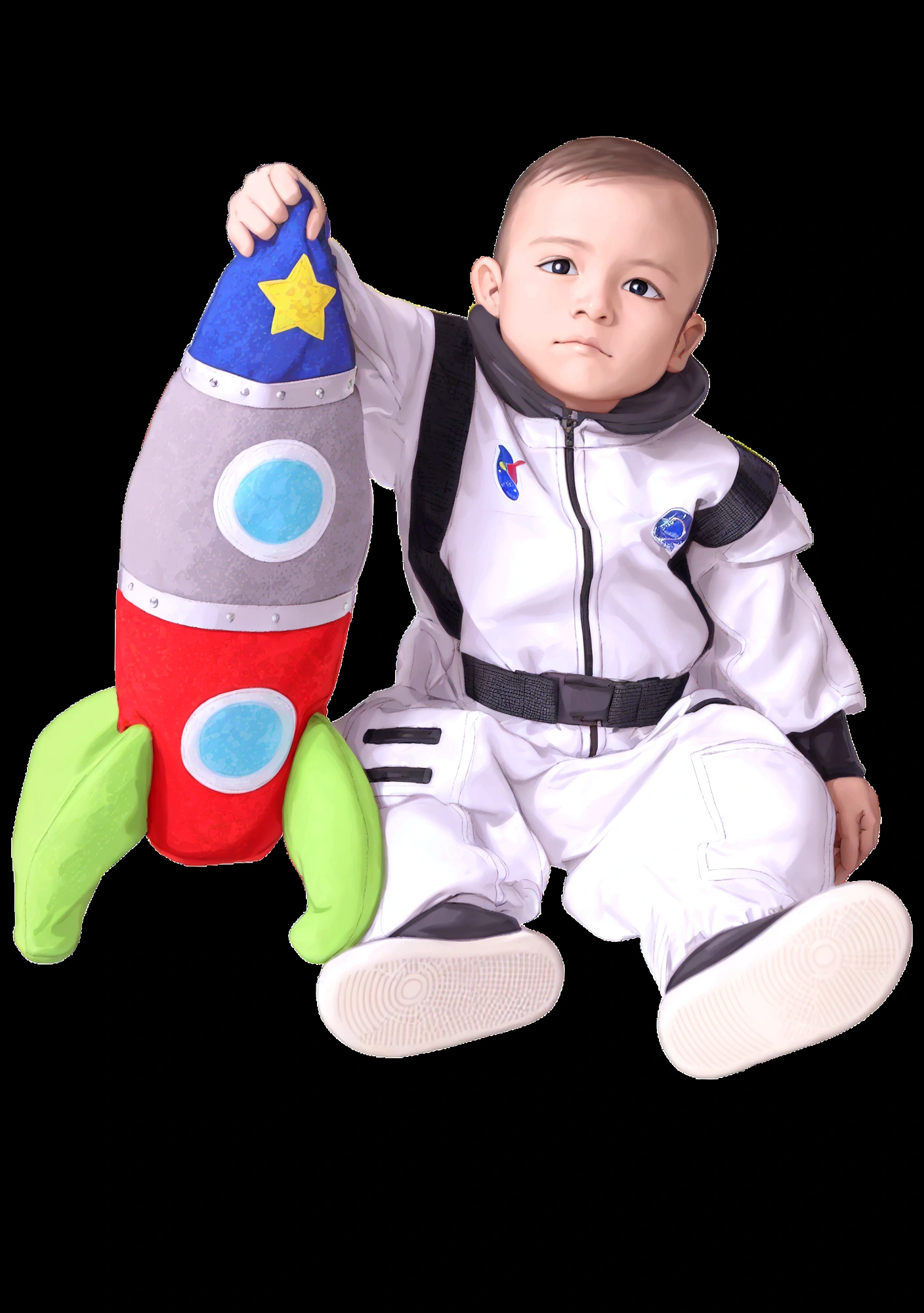 arafed baby in a traje espacial holding a stuffed toy, em uma roupa de cadete espacial, wearing Astronauta outfit, fully traje espacialed, Astronauta suit, with a traje espacial on, traje espacial, in Traje espacial, wears tiny Traje espacial, Traje espacial, traje de alta qualidade, wearing a traje espacial, tema espacial, wear Traje espacials, small Astronauta looking up, Astronauta