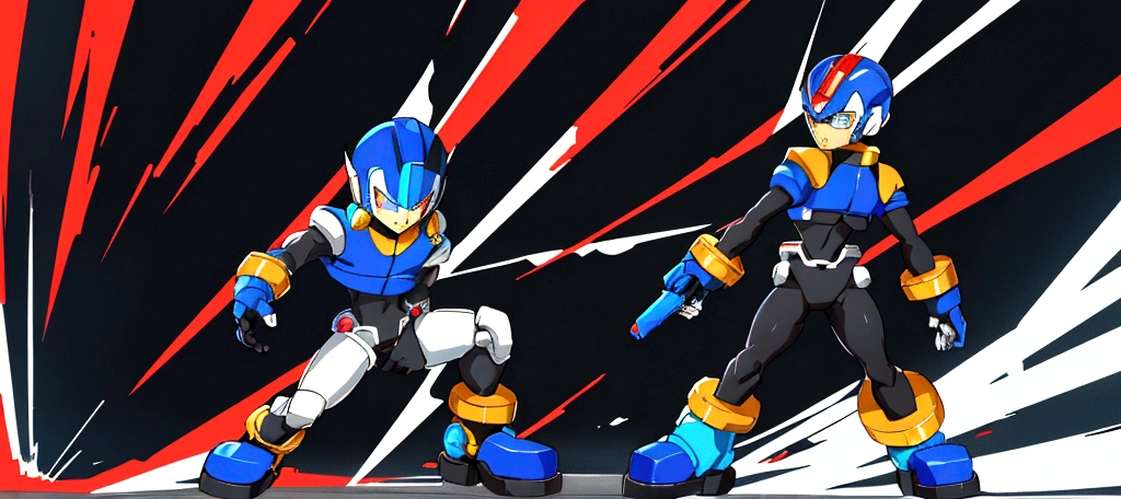 The male reploid has blue eyes, your body is slim and stylized,black like he's wearing spandex that color, he has a blue and black jacket that only reaches the top half of his body, He has a somewhat plain blue and black helmet with a triangle-shaped red gem in the center, your helmet also leaves your face exposed, He wears a white groin protector like Mega Man ZX and has white stripes on his thighs., he has boots that don't reach that far up to his knees, black and blue last. His right arm is a Mega Buster, equally green and a red saber.