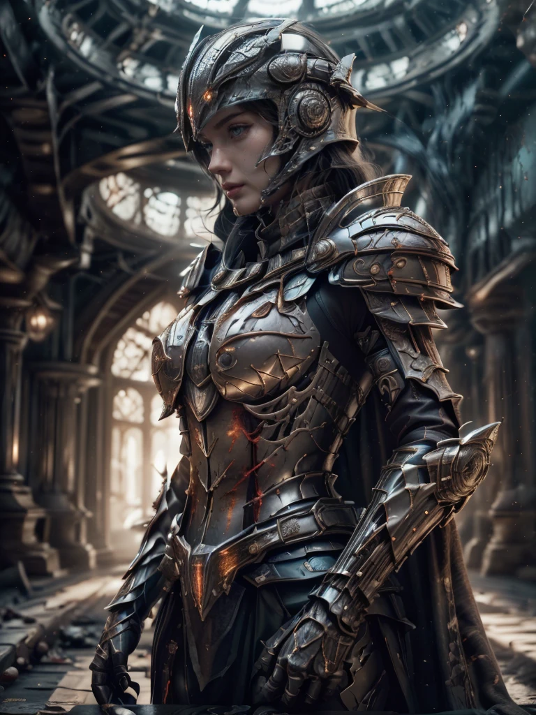 photograph of a dark-haired woman with curls tousled by the wind, intertwined hair, (Battlefield, war, blood, medieval battle, medieval warfield, earth, dust, dust in the wind, stained with blood, face stained with blood, armor stained with blood), deep neckline, full skirt flying in the wind, like a flame against the twilight sky., radiating unrestrained beauty, small breasts, ( Wearing black metallic war armor with red line details and black metallic scales, female war armor is, Armor with torn black cape, cape, helmet, helmet on the head), a big smile on her face. 1 solo, Style: portrait, blurred background f1.2, full HD resolution, 8k, Dark vignette at the edges, cinematic effect with soft shadows and light and shadow curve at -10, best quality, professional realistic, detailed eye, double eyelid, brighten skin, real hair, realistic skin texture, Masterpiece texture, realistic clothing texture, perfect face and body, Never show hands, hidden hands, blurred hands.