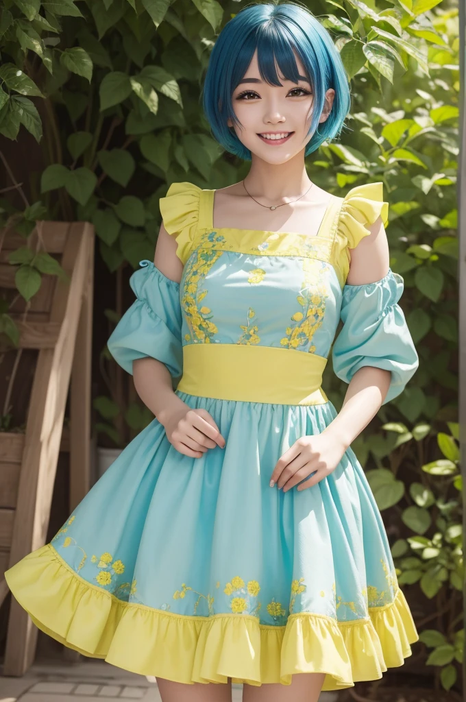 One of the amusingly 1 who has short blue hair and she is yellow and wears a green dress and she is cheerful
