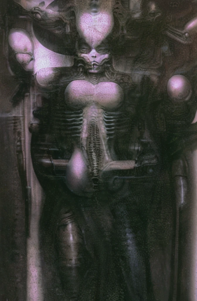 

g1g3r, 0f1g, Giger_style, Giger_style, The image is a detailed view of H.R. Giger's \" Necromancer V\" plate, 

 The tableau depicts a close-up of a group of ivory objects resembling skulls and skeletons, some of which have signs of decay.

The painting is a nightmarish biomechanical scene. In the center of the composition is a chessboard with several chess pieces scattered around it. The background is filled with biomechanical pipes and tubes. The overall feel is one of decay and desolation.
Giger’s signature artistic style, biomechanical surrealism, is on full display in this piece. Biomechanical surrealism combines human anatomy with machines. The skeletal figures in the painting are fused with mechanical parts, creating a disturbing and unsettling effect.
Here’s a more detailed description of the composition:
In the center foreground is a metallic chessboard with several metallic chess pieces scattered around it.
To the right of the chessboard is a skeletal figure hunched over tribune. 
The art performance showcases the artist’s skills in observation and rendering. The level of detail in the piece suggests a close study of real bone specimens and anatomy. The artist has skillfully used shading techniques to create a convincing illusion of three-dimensionality on a flat surface.The wrinkles and cracks in the surface, and the cast shadows with accuracy, used shading techniques to create a realistic depiction of light and shadow on the objects. This creates a sense of depth and dimension in the image

The style  is clearly biomechanical. Features combination of organic and mechanical forms. Mechanical elements dominate the composition, there are subtle organic hints. The use of undersaturated purple-grays dark contrasts creates a stark and graphic look. Is used a variety of linework techniques to create different textures. Fine, parallel lines create a smooth, metallic texture,while thicker, more cursive lines suggest cables or wires. Machine fills mo