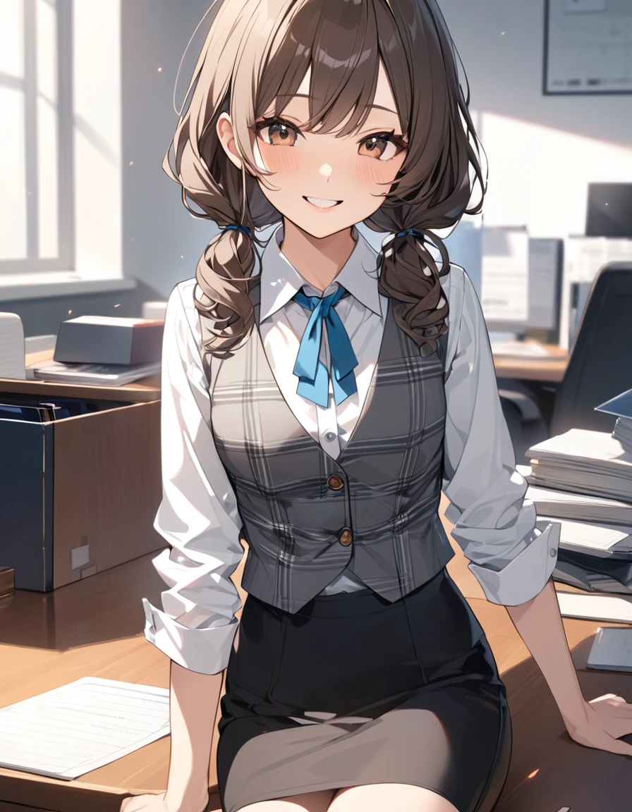 (Highest qualityのイラスト:1.2), (pretty girl:1.1), (1 girl、17 years old、Highest qualityのイラスト:1.2), (1 girl、smile、Small breasts、Very detailedな目:1.2)、{(((Dark brown hair)))、short hair、Wavy Hair、Curly Hair、Low Twintails}、Small breasts、(Highest quality、Very detailed、Very detailed and beautiful、Ultra-high resolution) 、BREAK wearing a [[white and gray plaid pattern]] vest over a long sleeve white collared-shirt), (buttoned gray vest:), (tight black pencil skirt)、office、Front facing、smile、

