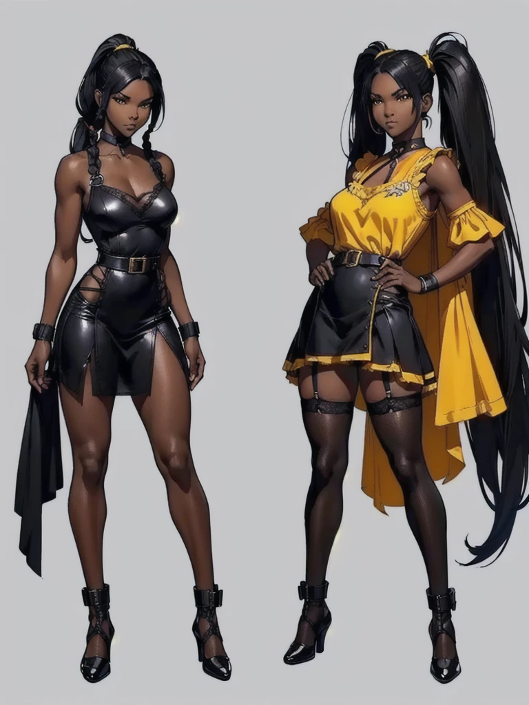 ((best quality)), ((4k)), ((highres)), ((masterpiece:1.2)). ((detailed)), ((ultra realistic)), ((intricate details)), ((full body picture)), ((character design sheet)), ((blank background)), ((standing in a blank background)), full body shot of a beautiful black female, ebony beauty, woman, 18 years old girl, dark brown skin, about 5'5 ft. tall, smirk on her face, ((smirking)), long curly black hair, ((long curly hair)), long hair, high pigtails, (((high pigtails)), dressed in a yellow sleeveless babydoll dress, ((EMPHASIS ON HER YELLOW SLEEVELESS BABYDOLL DRESS)), black leather belt on her waist, bare legs, HIGH SOCKS AND BLACK SHOES, fighting game character design, tekken character design, the king of fighters character concept art, character concept art, full body, 18 years old female fighter, girly girl, cute girl, girly fighter character concept art
