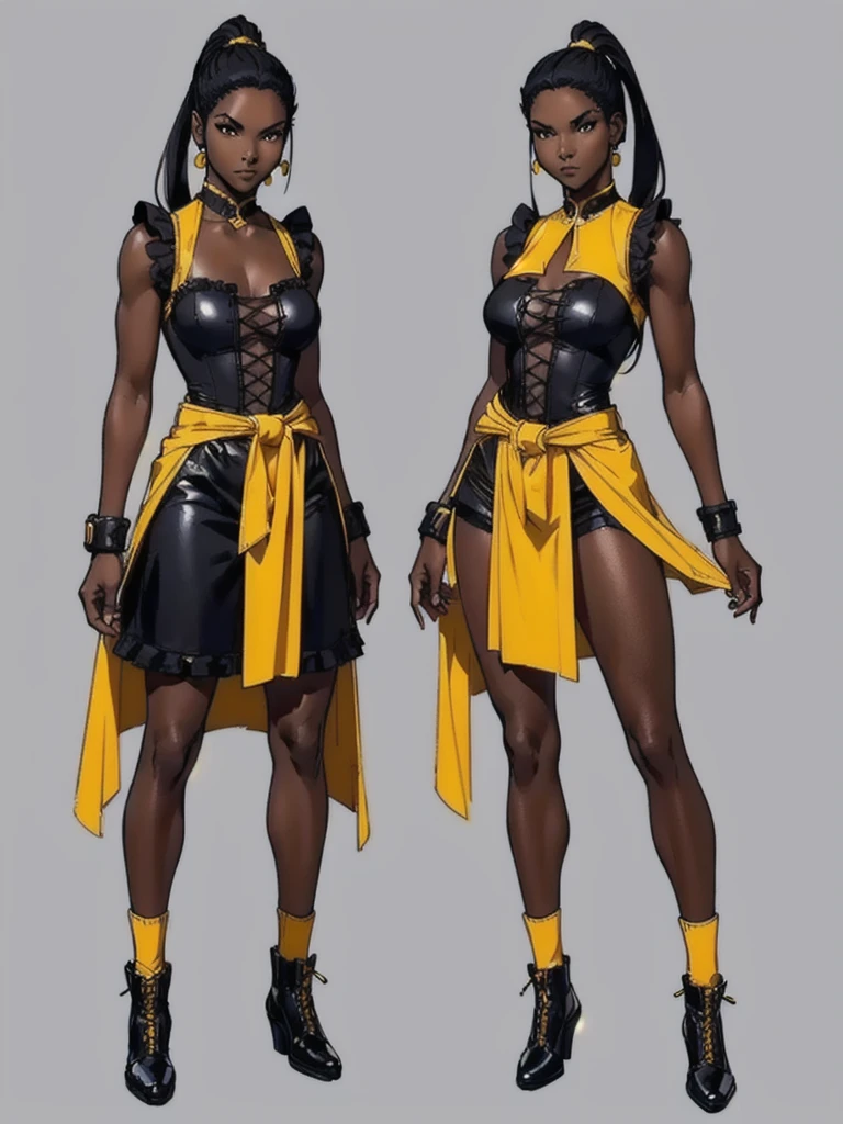 ((best quality)), ((4k)), ((highres)), ((masterpiece:1.2)). ((detailed)), ((ultra realistic)), ((intricate details)), ((full body picture)), ((character design sheet)), ((blank background)), ((standing in a blank background)), full body shot of a beautiful black female, ebony beauty, woman, 18 years old girl, dark brown skin, about 5'5 ft. tall, smirk on her face, ((smirking)), long curly black hair, ((long curly hair)), long hair, high pigtails, (((high pigtails)), dressed in a yellow sleeveless doll dress, ((EMPHASIS ON HER YELLOW SLEEVELESS BABYDOLL DRESS)), black leather belt on her waist, bare legs, HIGH SOCKS AND BLACK SHOES, fighting game character design, tekken character design, the king of fighters character concept art, character concept art, full body, 18 years old female fighter, girly girl, cute girl, girly fighter character concept art