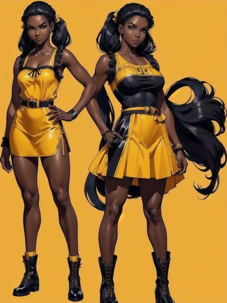 ((best quality)), ((4k)), ((highres)), ((masterpiece:1.2)). ((detailed)), ((ultra realistic)), ((intricate details)), ((full body picture)), ((character design sheet)), ((blank background)), ((standing in a blank background)), full body shot of a beautiful black female, ebony beauty, woman, 18 years old girl, dark brown skin, about 5'5 ft. tall, smirk on her face, ((smirking)), long curly black hair, ((long curly hair)), long hair, high pigtails, (((high pigtails)), dressed in a yellow sleeveless babydoll dress, ((EMPHASIS ON HER YELLOW SLEEVELESS BABYDOLL DRESS)), black leather belt on her waist, bare legs, HIGH SOCKS AND BLACK SHOES, fighting game character design, tekken character design, the king of fighters character concept art, character concept art, full body, 18 years old female fighter, girly girl, cute girl, girly fighter character concept art
