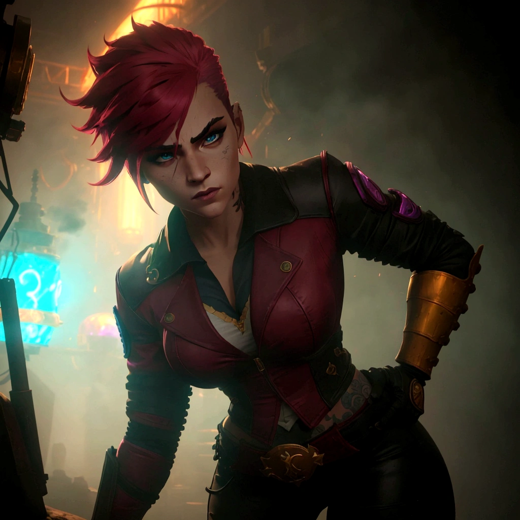 A dynamic pose of Vi from Arcane: League of Legends, with detailed face, wearing her signature blue and yellow jacket, with her gauntlets raised, and a determined expression on her face. She has short pink hair, blue eyes, and a Roman numeral VI tattoo on her cheek. Her attire is punk-inspired, featuring a leather jacket, and she has large mechanical gauntlets. Her physique is athletic and muscular. The background is a dark, gritty alleyway in Zaun, with flickering neon lights and smoke in the air. The scene is lit by a single spotlight, illuminating Vi.
