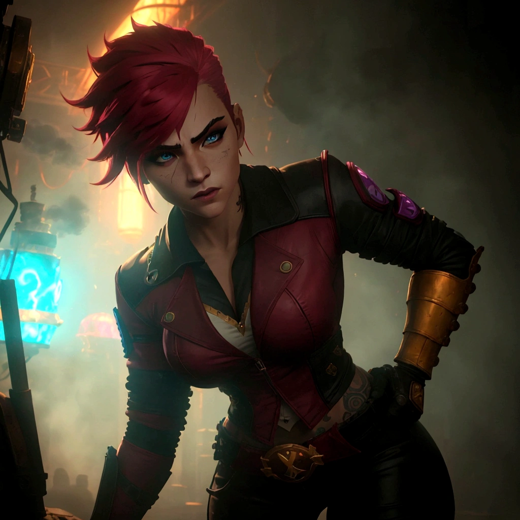 A dynamic pose of Vi from Arcane: League of Legends, with detailed face, wearing her signature blue and yellow jacket, with her gauntlets raised, and a determined expression on her face. She has short pink hair, blue eyes, and a Roman numeral VI tattoo on her cheek. Her attire is punk-inspired, featuring a leather jacket, and she has large mechanical gauntlets. Her physique is athletic and muscular. The background is a dark, gritty alleyway in Zaun, with flickering neon lights and smoke in the air. The scene is lit by a single spotlight, illuminating Vi.