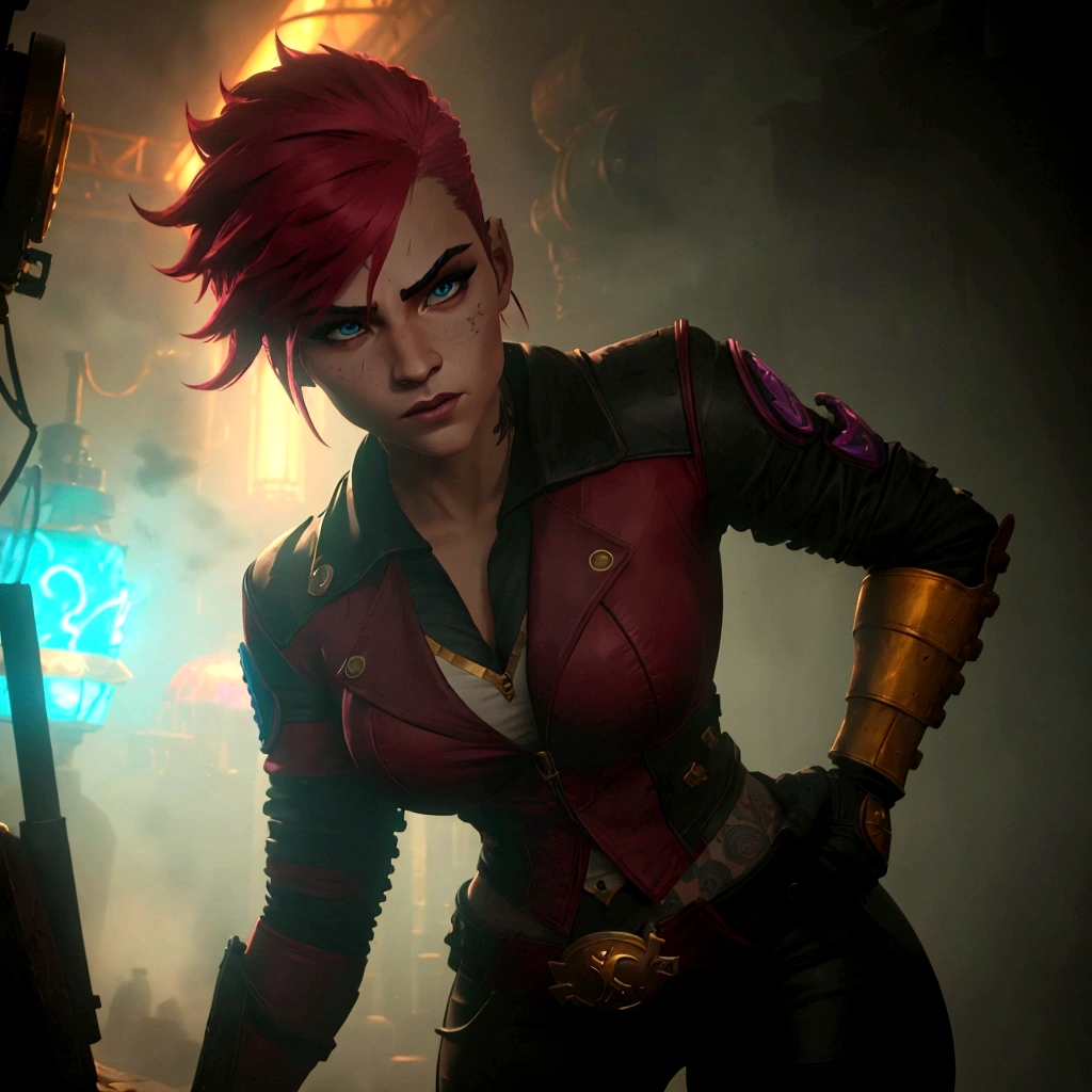 A dynamic pose of Vi from Arcane: League of Legends, with detailed face, wearing her signature blue and yellow jacket, with her gauntlets raised, and a determined expression on her face. She has short pink hair, blue eyes, and a Roman numeral VI tattoo on her cheek. Her attire is punk-inspired, featuring a leather jacket, and she has large mechanical gauntlets. Her physique is athletic and muscular. The background is a dark, gritty alleyway in Zaun, with flickering neon lights and smoke in the air. The scene is lit by a single spotlight, illuminating Vi.