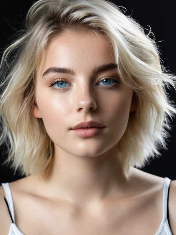 Un superbe portrait d’une jeune beauté allemande, aux yeux bleus perçants, petits seins et longs cheveux blonds flottants, un pantalon noir de sport et un t-shirt blanc , entrain de faire du sport, la lumière naturelle met en valeur les traits du visage, les ombres douces sur les contours du visage, le contraste vibrant entre les tons chair chauds et les teintes froides de l'arrière-plan, la composition ultra légère, le nombre d'or, L'éclairage dramatique