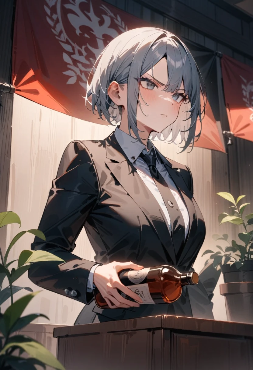 masterpiece, best quality, very aesthetic, absurdres, newest, 1girls, solo, asymmetrical bangs,  short gray hair, determined expression, formal suit, well-lit room, holding bottle of alcohol, potted herb on podium, serious atmosphere, addressing audience, large banner with message about dangers of alcohol, standing, upper body shot