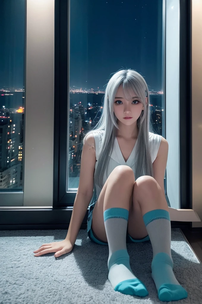 (masterpiece), Highest quality, Cyan eyes, Light grey hair, Expressive eyes, Jorhaya, Sitting in a high-rise apartment room, Night Sky, Cityscape, View your viewers, City lights, window, highlight, Dramatic Light, Calm face, Camisole Room Socks