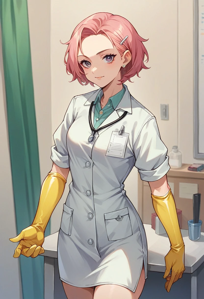 1girl, ((yellow elbow gloves)), ((surgical gloves)), ((latex gloves)), ((long sleeves)) ((pink surgeon outfit)), looking at viewer, ((doctor)), standing, solo