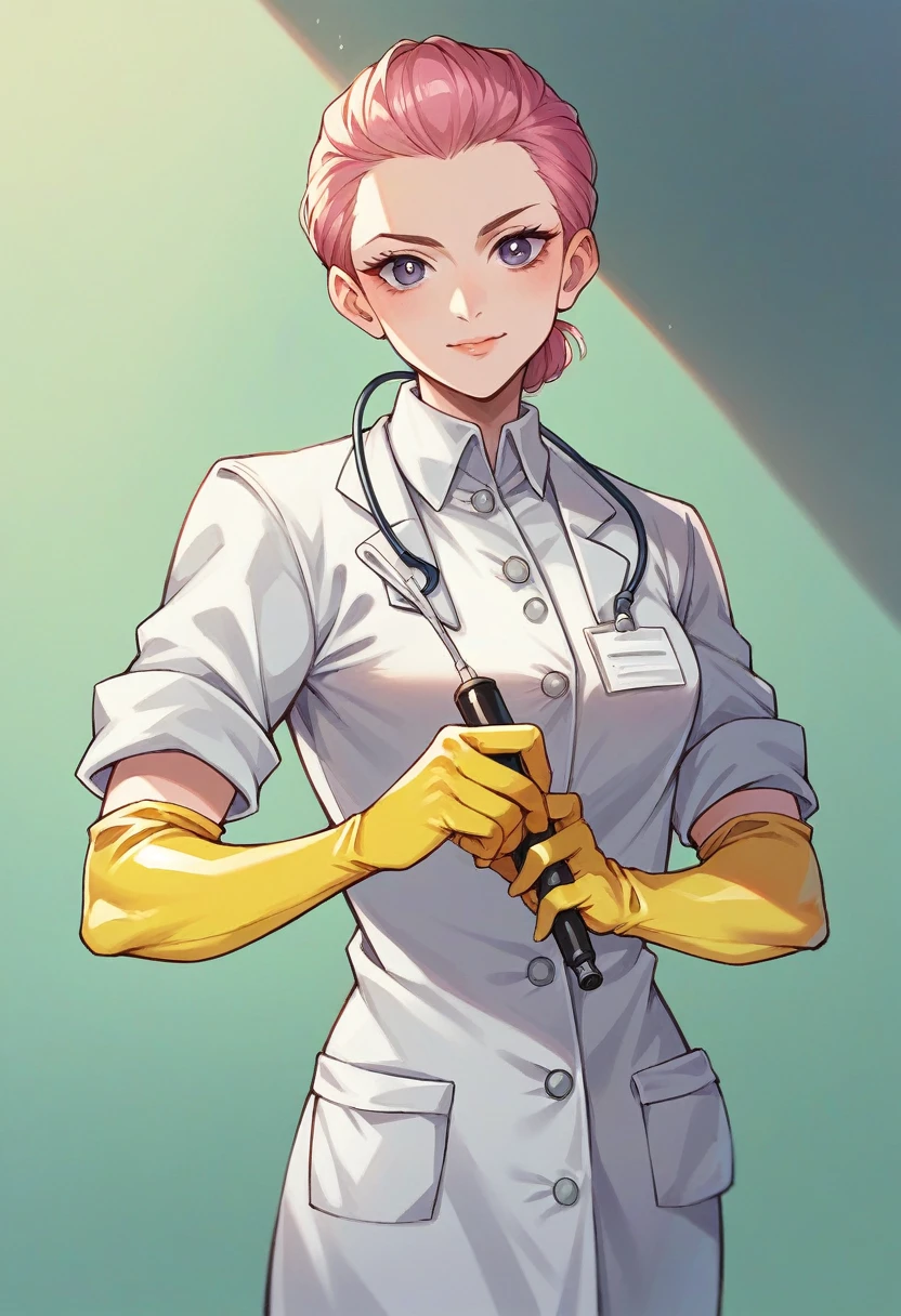 1girl, ((yellow elbow gloves)), ((surgical gloves)), ((latex gloves)), ((long sleeves)) ((pink surgeon outfit)), looking at viewer, ((doctor)), standing, solo