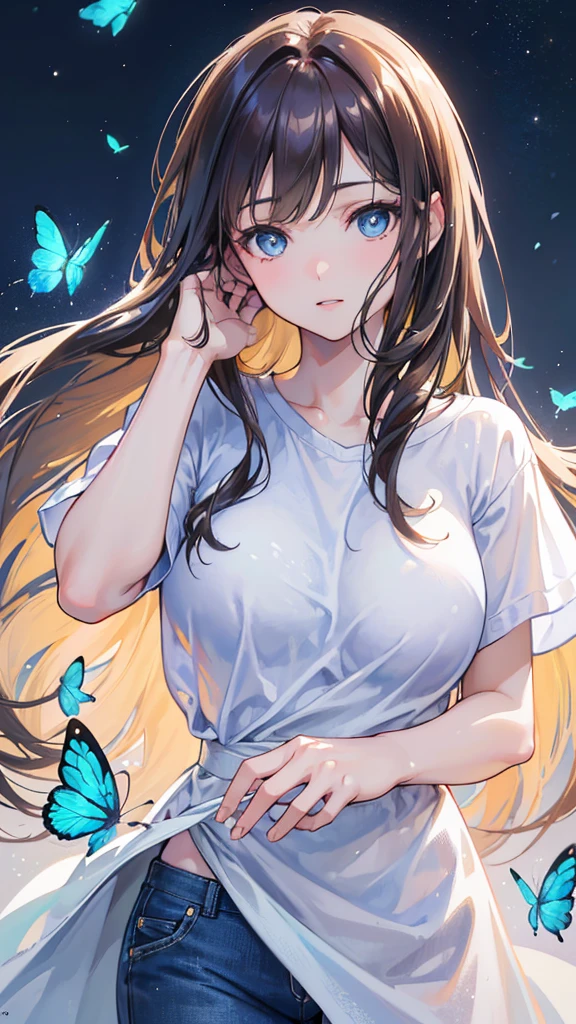 a beautiful woman with long brown hair and bangs, blue eyes, wearing casual clothing, surrounded by blue butterflies flying around, extremely detailed, hyper realistic, 8k, (best quality,4k,8k,highres,masterpiece:1.2),ultra-detailed,(realistic,photorealistic,photo-realistic:1.37),HDR,studio lighting,professional,vivid colors,bokeh,portrait
