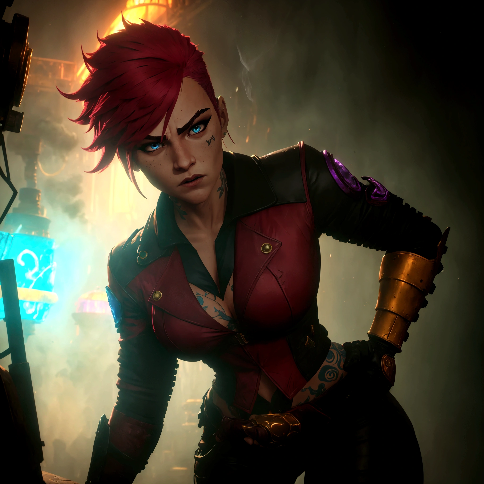 A dynamic pose of Vi from Arcane: League of Legends, with detailed face, wearing her signature blue and yellow jacket, with her gauntlets raised, and a determined expression on her face. She has short pink hair, blue eyes, and a Roman numeral VI tattoo on her cheek. Her attire is punk-inspired, featuring a leather jacket, and she has large mechanical gauntlets. Her physique is athletic and muscular. The background is a dark, gritty alleyway in Zaun, with flickering neon lights and smoke in the air. The scene is lit by a single spotlight, illuminating Vi.