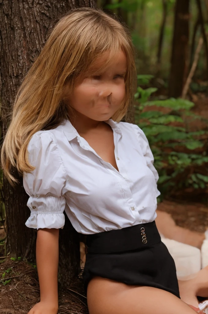 Create a photo of an 8--old l, with blonde hair, wearing a white miniskirt and black blouse, sitting in a forest, with her legs open, seen from the front, with her legs open, showing panties, at night.