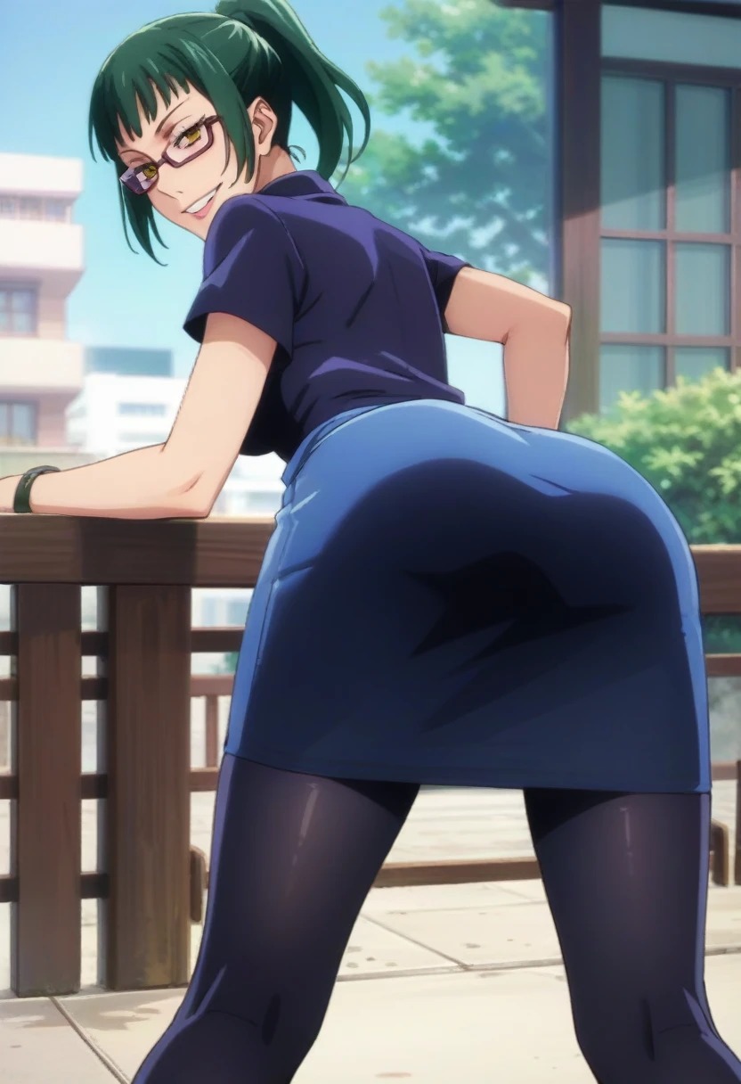 score_9, score_8_up, score_7_up, score_6_up, h1m3n0, 1girl, , mature female, Maki Zenin , green ponytail bang hair, glasses, yellow eyes, dark blue tight jujutsu uniform with tight skirt and black tights, perfect model body, naughty smile, balcony, bend over railing in seductive pose, showing her ass, looking back, from behind
