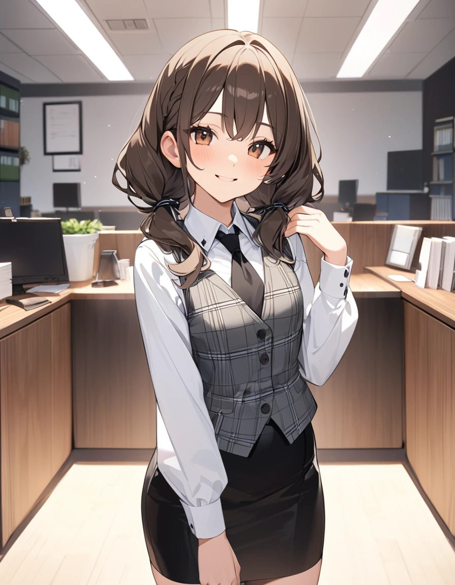 (Highest qualityのイラスト:1.2), (pretty girl:1.1), (1 girl、17 years old、Highest qualityのイラスト:1.2), (1 girl、smile、Small breasts、Very detailedな目:1.2)、{(((Dark brown hair)))、short hair、Wavy Hair、Curly Hair、Low Twintails}、Small breasts、(Highest quality、Very detailed、Very detailed and beautiful、Ultra-high resolution) 、BREAK wearing a [[white and gray plaid pattern]] vest over a long sleeve white collared-shirt), (buttoned gray vest:), (tight black pencil skirt)、office、Front facing、smile、
