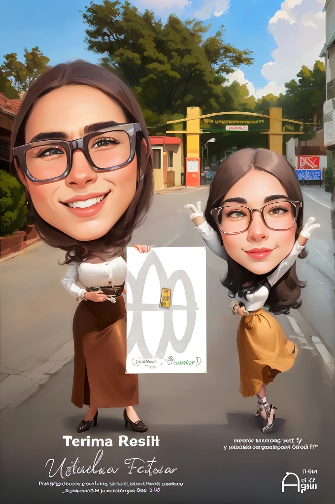 cartoon of a woman holding a card with a picture of a man and woman, realism artstyle, full protrait, potrait, inspired by JoWOnder, caricature illustration, digital art cartoon, cartoon artstyle, by Abidin Dino, protrait, caricature style, caricature, cartoon digital art, caricature!!!, realism art, wide portrait, scandy and arender