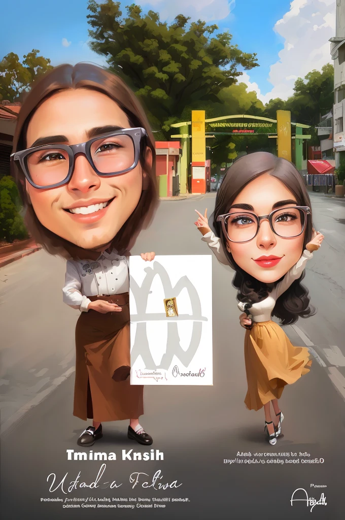 cartoon of a woman holding a card with a picture of a man and woman, realism artstyle, full protrait, potrait, inspired by JoWOnder, caricature illustration, digital art cartoon, cartoon artstyle, by Abidin Dino, protrait, caricature style, caricature, cartoon digital art, caricature!!!, realism art, wide portrait, scandy and arender