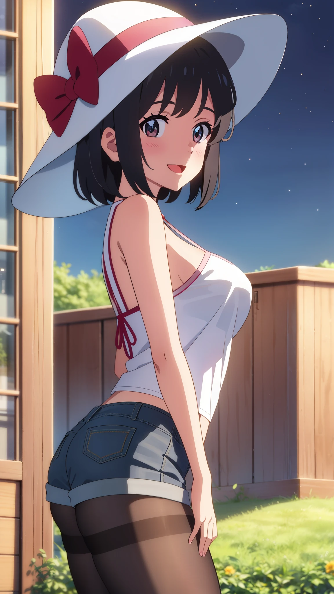 shinkai makoto, kimi no na wa., 1girl, bangs, black hair, blush, bright eyes, brown eyes, looking at the viewer, casual clothes, red bonnie hat, white shirt, bare shoulders, blue shorts, black pantyhose, short hair, medium breasts, solo, outdoors, shinny skin, smile, open mouth, night sky, summer_season, scenery