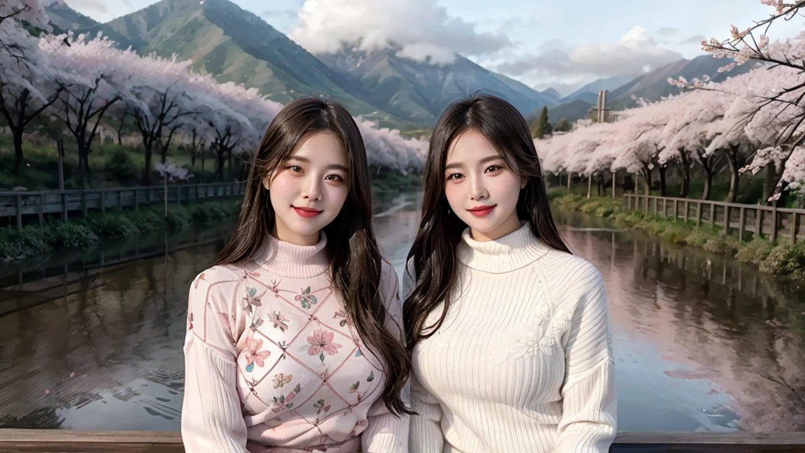 (2 girls)Young, white, cute, light pink lips, cute smile, sparkling eyes in a light, transparent turtleneck sweater with a floral pattern. Sitting on a wooden bridge in a lotus pond, there are beautiful mountains, beside them there are cherry trees, the sky is bright. Evening atmosphere during the rainy season in China ,wet,Digital art, realistic, whole body((round chest)((Busty breasts)) High resolution 8K