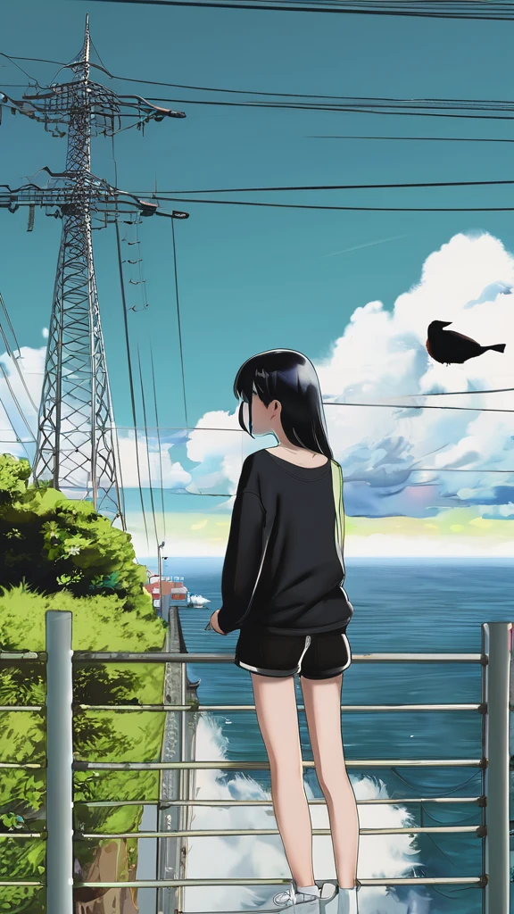 masterpiece, Exquisite detail,Highest quality, One girl, alone, handrail, cloud, 立ってzeroを見上げている,Long Hair, shoes, zero, Long sleeve, sneakers, Power lines, White footwear, Black Hair, View your viewers, Electric pole, bangs, cloudy zero, fish, bird, Green Eyes, Shorts, animal, Day, Black Shirt, barefoot