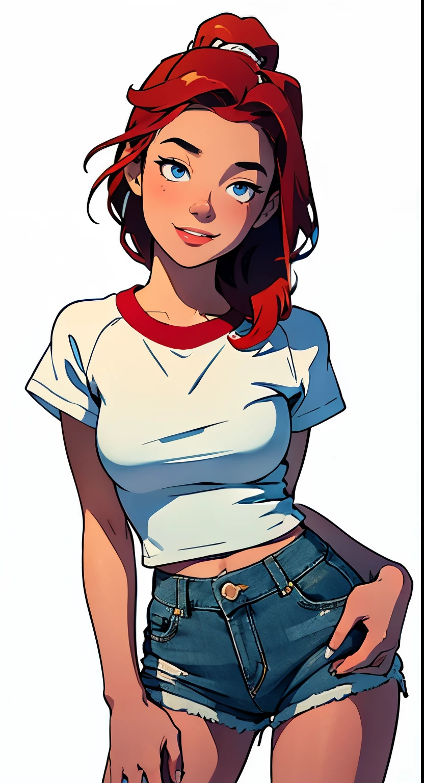 masterpiece, best quality, full body,1girl,the highest image quality, 21-year-old woman, looks like Olivia Dunne, bright red hair, blue eyes, wearing a white graphic tee and denim shorts, large breasts, waitress, smiling, white background, plain background