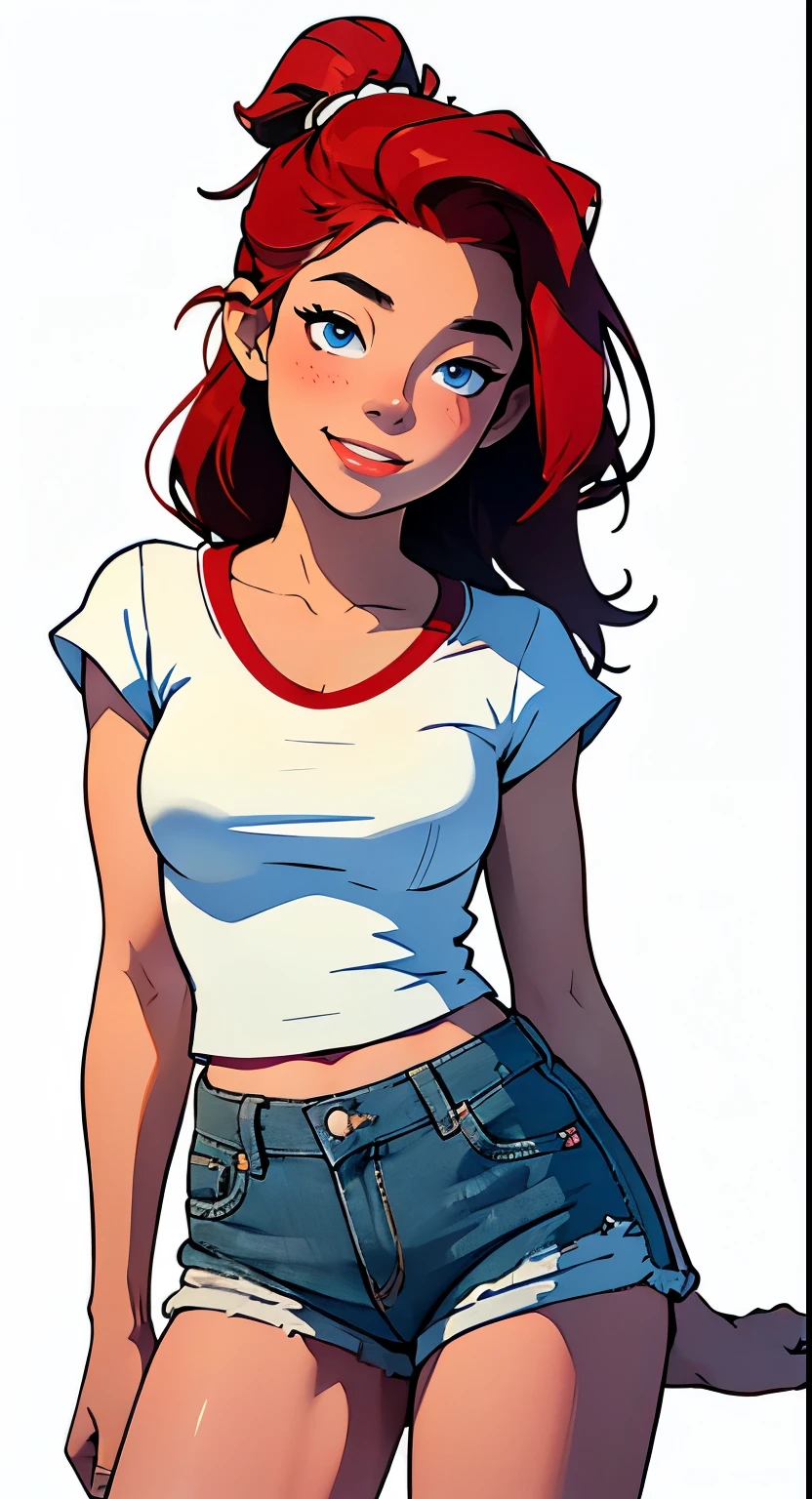 masterpiece, best quality, full body,1girl,the highest image quality, 21-year-old woman, looks like Olivia Dunne, bright red hair, blue eyes, wearing a white graphic tee and denim shorts, large breasts, waitress, smiling, white background, plain background