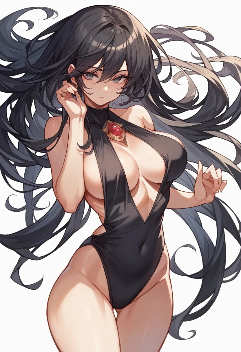 Very delicate, beautiful girl, break, 8K, Highest quality, masterpiece, Super adopted, Super detailed girls, Ultra-fine illustrations, break, (Sexy pose:1.4), (View your viewers), whole body, One Girl,Ray Tracing,Beautiful breasts,Long black hair, Black oversized swimsuit,((White background)),Waistline,Large Chest,Sideboob,Horizontal position,