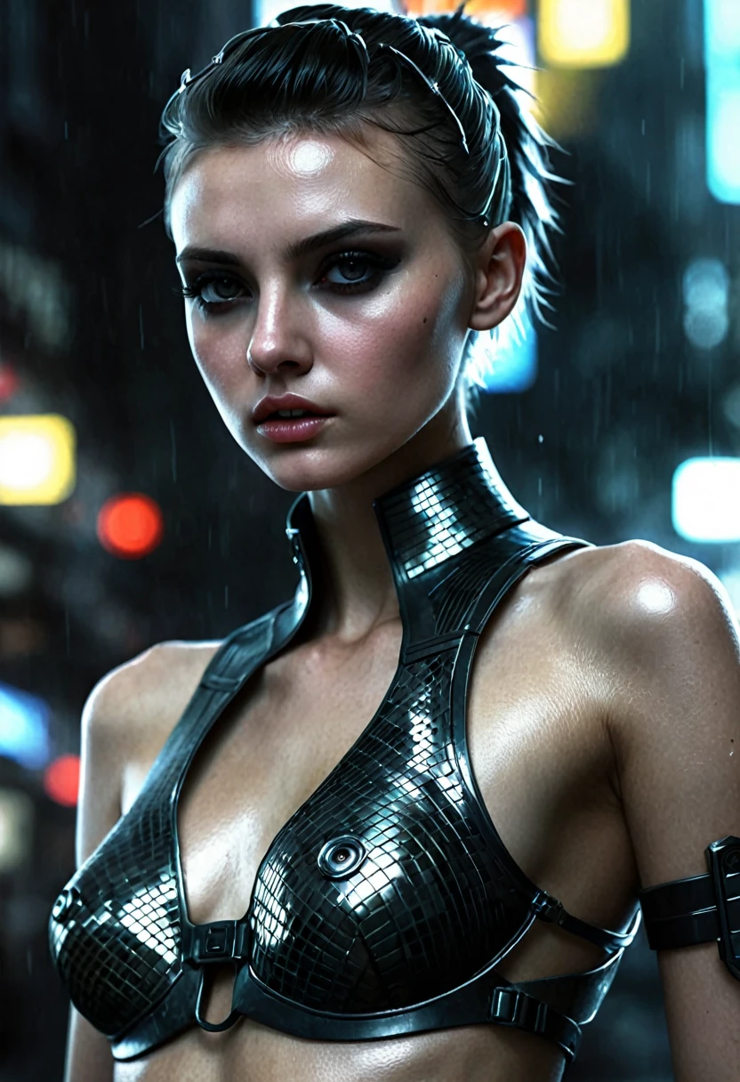 JuliaAdamenko, (physically based rendering, photographic close up scale), girl dark, dystopia, (in style of bladerunner),