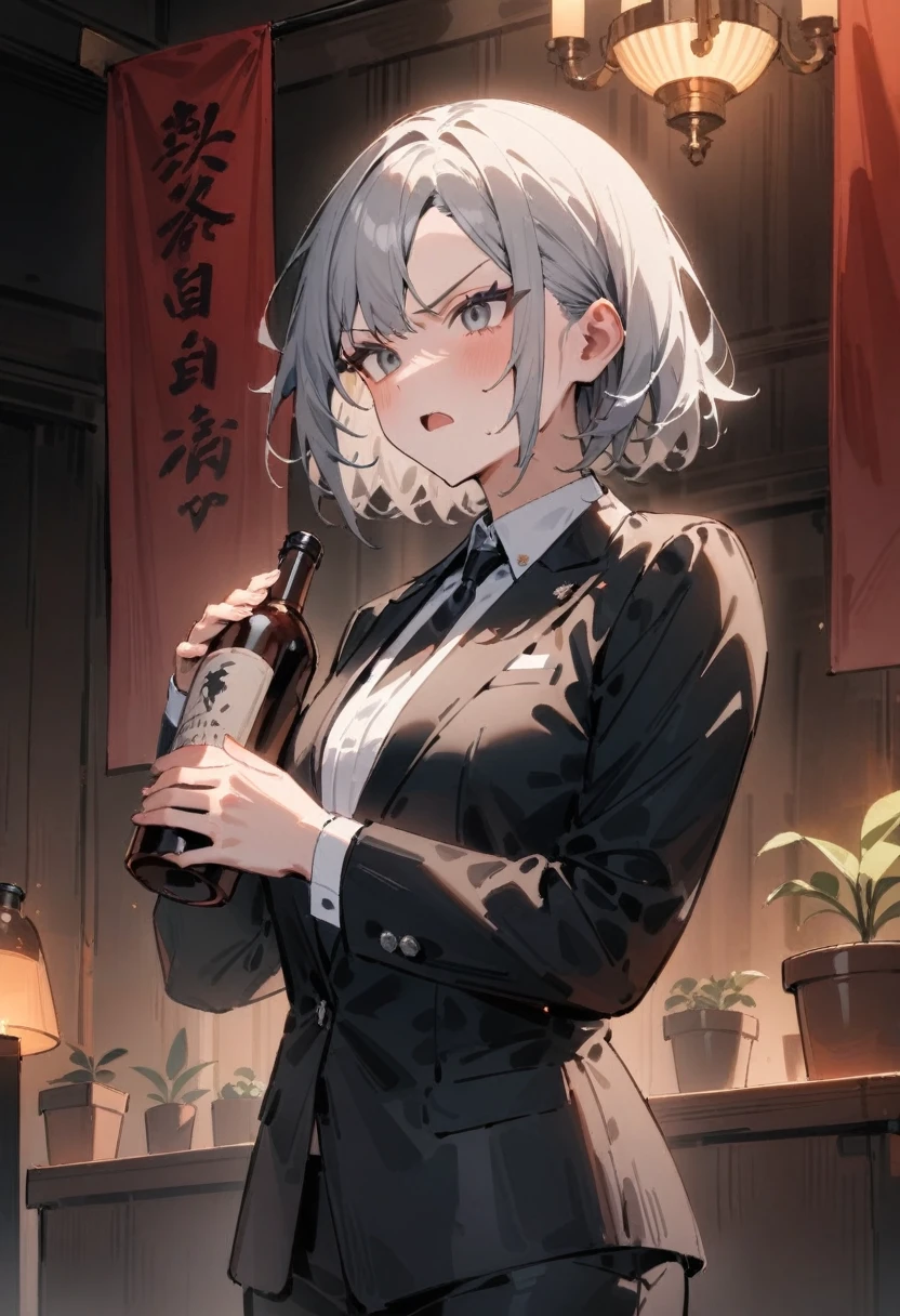 masterpiece, best quality, very aesthetic, absurdres, newest, 1girls, solo, asymmetrical bangs, open mouth, short gray hair, determined expression, formal suit, well-lit room, holding bottle of alcohol, potted herb on podium, serious atmosphere, addressing audience, large banner with message about dangers of alcohol, standing, upper body shot