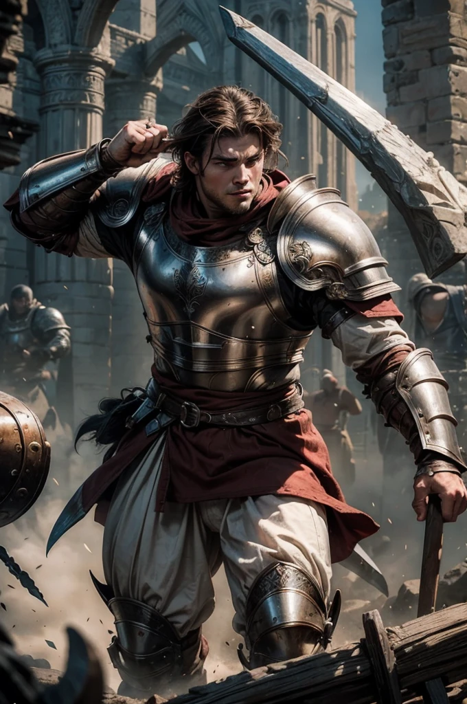 It was a fantastic medieval era, a 19-year-old warrior man, white, strong, medium brown hair, with his plate armor broken, fighting against a 200 meter tall colossus, holding the colossus's punch with both hands, with all his strength. strength, in fury