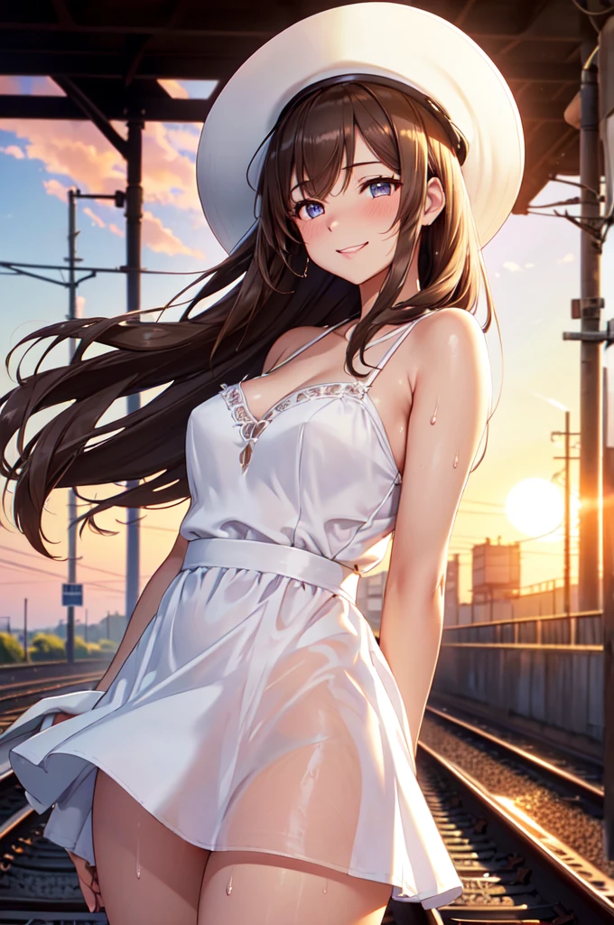 satin, silk, ((panty)), (High quality, High resolution, Fine details), setting sun, Backlight, A straight stretch of railroad track, White Dress, White Hat, solo, curvy women, light brown hair, sparkling eyes, (Detailed eyes:1.2), smile, blush, Sweat, Oily skin, shallow depth of field, Fantastic
