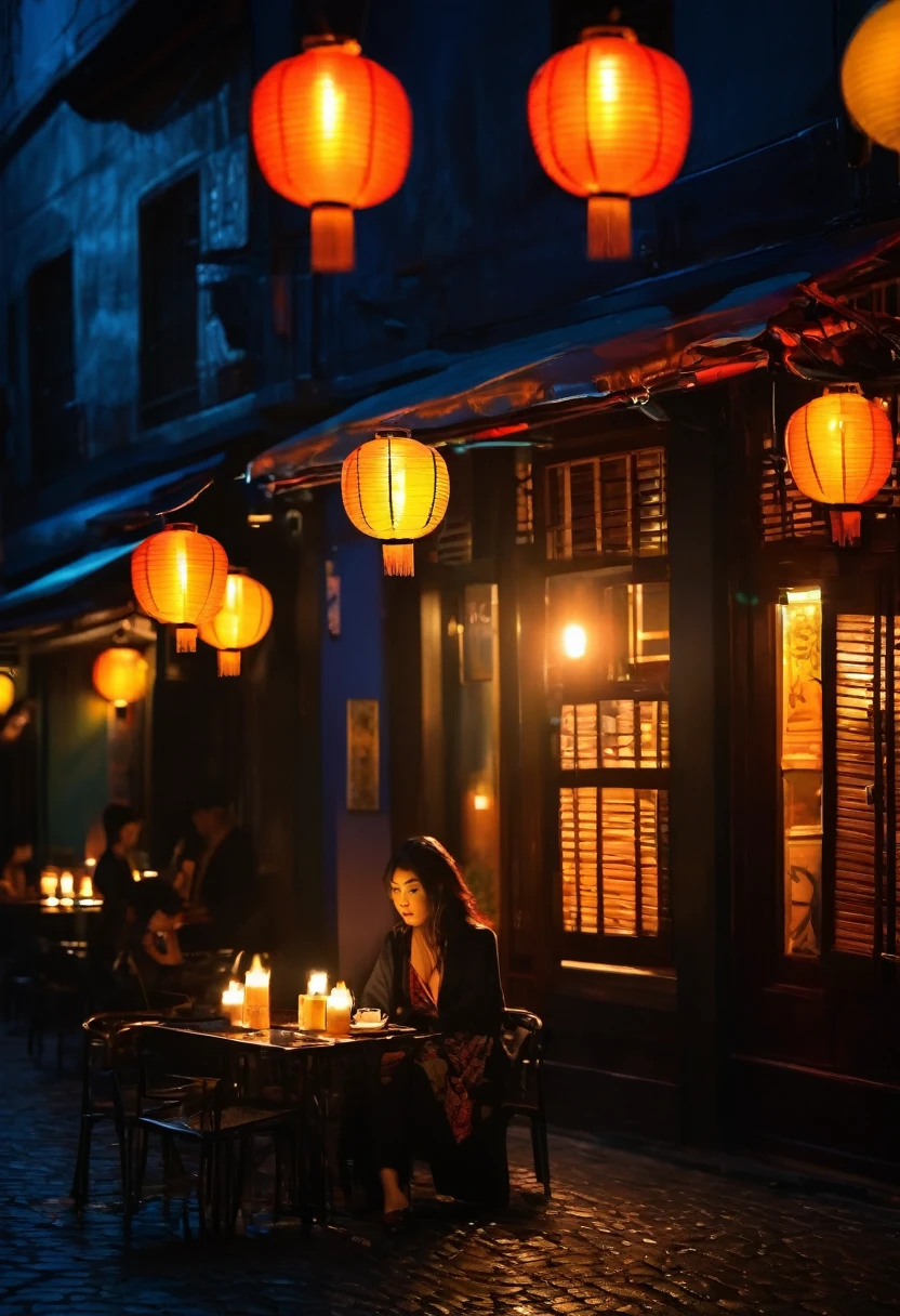 A mysterious night caFe with dimly lit lanterns casting warm glows on cobblestone streets, small tables adorned with Flickering candles, Depressed Asian woman sitting in a dim cafe at night, From the window you can see, Perfect profile, sunglasses, neon black, (Backlight: 1.1), Hard Shadows, artwork, best quality, complicated, Model shooting style, High quality, Film Grain, Incomplete details. capturing the interplay oF shadows and highlights, photography, Full-Frame DSLR with a 50mm prime lens, F/2.8 aperture, --16:9-5 o'clock