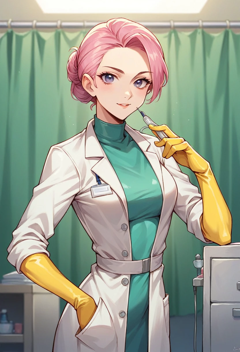 1girl, ((yellow elbow gloves)), ((surgical gloves)), ((latex gloves)), ((long sleeves)) ((pink surgeon outfit)), looking at viewer, ((doctor)), standing, solo