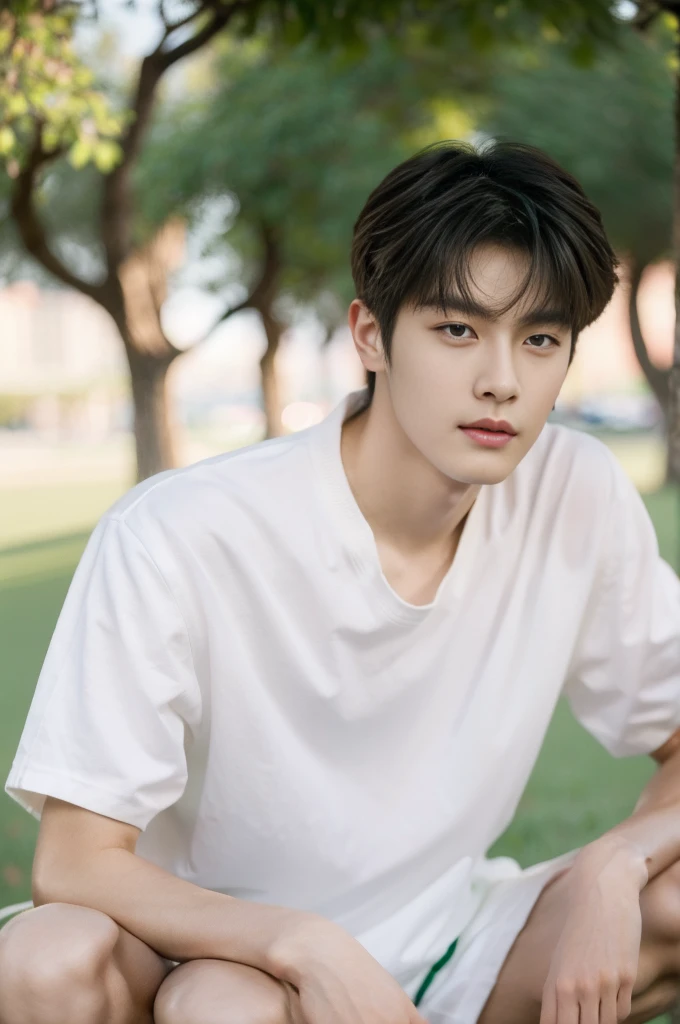 Asian muscular boy sitting on grass, white shirt, wearing white thong high cut underwaer, white high cut Jockstrap, muscular young male, mid shot portrait, high quality portrait, Attractive pose, cute young man, yanjun cheng, Inspired by Bian Shoumin, gorgeous young model, Casual pose, portrait a 25 - year - old boy, casual photography, Realistic. Cheng Yi, cute young man