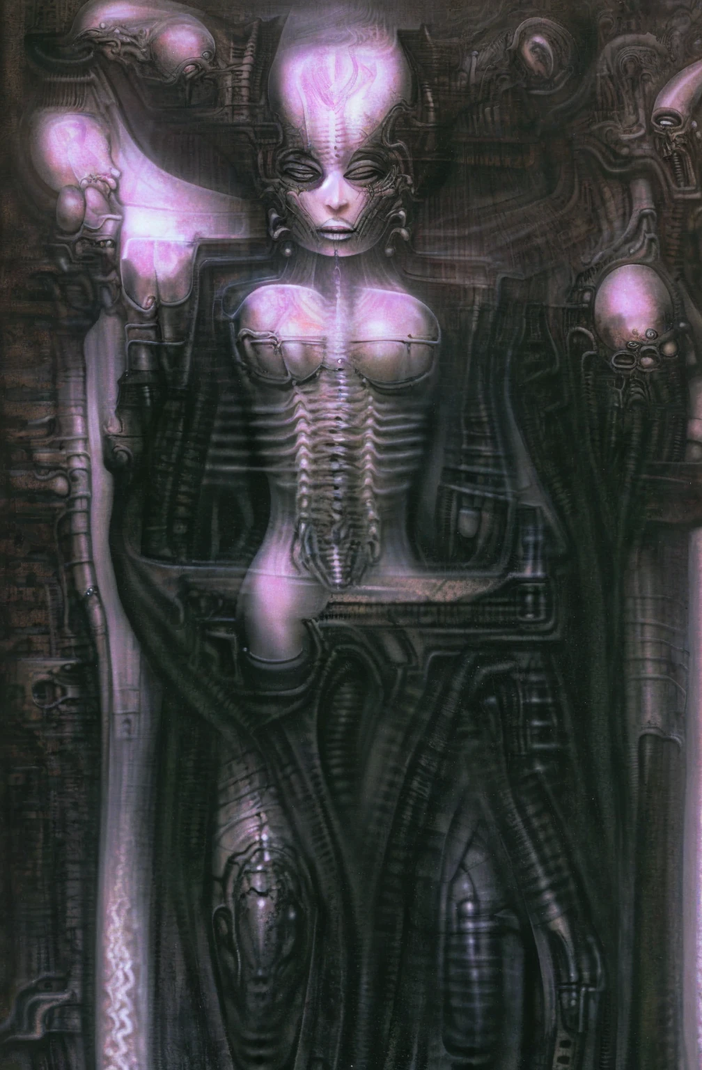 

g1g3r, 0f1g, Giger_style, Giger_style, The image is a detailed view of H.R. Giger's \" Necromancer V\" plate, 

 The tableau depicts a close-up of a group of ivory objects resembling skulls and skeletons, some of which have signs of decay.

The painting is a nightmarish biomechanical scene. In the center of the composition is a chessboard with several chess pieces scattered around it. The background is filled with biomechanical pipes and tubes. The overall feel is one of decay and desolation.
Giger’s signature artistic style, biomechanical surrealism, is on full display in this piece. Biomechanical surrealism combines human anatomy with machines. The skeletal figures in the painting are fused with mechanical parts, creating a disturbing and unsettling effect.
Here’s a more detailed description of the composition:
In the center foreground is a metallic chessboard with several metallic chess pieces scattered around it.
To the right of the chessboard is a skeletal figure hunched over tribune. 
The art performance showcases the artist’s skills in observation and rendering. The level of detail in the piece suggests a close study of real bone specimens and anatomy. The artist has skillfully used shading techniques to create a convincing illusion of three-dimensionality on a flat surface.The wrinkles and cracks in the surface, and the cast shadows with accuracy, used shading techniques to create a realistic depiction of light and shadow on the objects. This creates a sense of depth and dimension in the image

The style  is clearly biomechanical. Features combination of organic and mechanical forms. Mechanical elements dominate the composition, there are subtle organic hints. The use of undersaturated purple-grays dark contrasts creates a stark and graphic look. Is used a variety of linework techniques to create different textures. Fine, parallel lines create a smooth, metallic texture,while thicker, more cursive lines suggest cables or wires. Machine fills mo