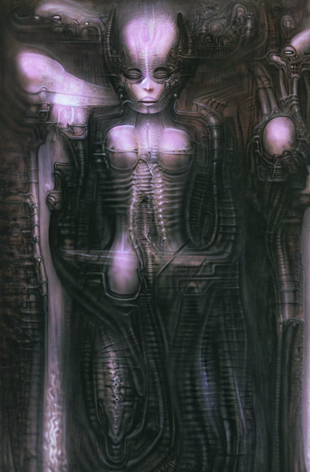 

g1g3r, 0f1g, Giger_style, Giger_style, The image is a detailed view of H.R. Giger's \" Necromancer V\" plate, 

 The tableau depicts a close-up of a group of ivory objects resembling skulls and skeletons, some of which have signs of decay.

The painting is a nightmarish biomechanical scene. In the center of the composition is a chessboard with several chess pieces scattered around it. The background is filled with biomechanical pipes and tubes. The overall feel is one of decay and desolation.
Giger’s signature artistic style, biomechanical surrealism, is on full display in this piece. Biomechanical surrealism combines human anatomy with machines. The skeletal figures in the painting are fused with mechanical parts, creating a disturbing and unsettling effect.
Here’s a more detailed description of the composition:
In the center foreground is a metallic chessboard with several metallic chess pieces scattered around it.
To the right of the chessboard is a skeletal figure hunched over tribune. 
The art performance showcases the artist’s skills in observation and rendering. The level of detail in the piece suggests a close study of real bone specimens and anatomy. The artist has skillfully used shading techniques to create a convincing illusion of three-dimensionality on a flat surface.The wrinkles and cracks in the surface, and the cast shadows with accuracy, used shading techniques to create a realistic depiction of light and shadow on the objects. This creates a sense of depth and dimension in the image

The style  is clearly biomechanical. Features combination of organic and mechanical forms. Mechanical elements dominate the composition, there are subtle organic hints. The use of undersaturated purple-grays dark contrasts creates a stark and graphic look. Is used a variety of linework techniques to create different textures. Fine, parallel lines create a smooth, metallic texture,while thicker, more cursive lines suggest cables or wires. Machine fills mo