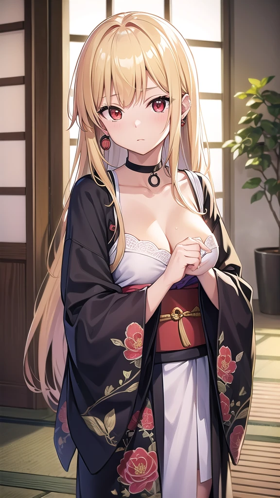 marinkitagawa, marin kitagawa, blonde hair, choker, ear piercing, earrings, long hair, piercing, (red eyes:1.5), straight hair, swept bangs,
BREAK japanese clothes,kimono,wet kimano, yukata,cleavege,neckline,black choker,
BREAK indoors, onsen,night,steam,wet,stars,starfall,hot water, 
BREAK looking at viewer, 
BREAK (masterpiece:1.2), best quality, high resolution, unity 8k wallpaper, (illustration:0.8), (beautiful detailed eyes:1.6), extremely detailed face, perfect lighting, extremely detailed CG, (perfect hands, perfect anatomy),