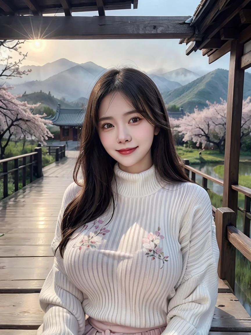 (2 girls)Young, white, cute, light pink lips, cute smile, sparkling eyes in a light, transparent turtleneck sweater with a floral pattern. Sitting on a wooden bridge in a lotus pond, there are beautiful mountains, beside them there are cherry trees, the sky is bright. Evening atmosphere during the rainy season in China ,wet,Digital art, realistic, whole body((round chest)((Busty breasts)) High resolution 8K