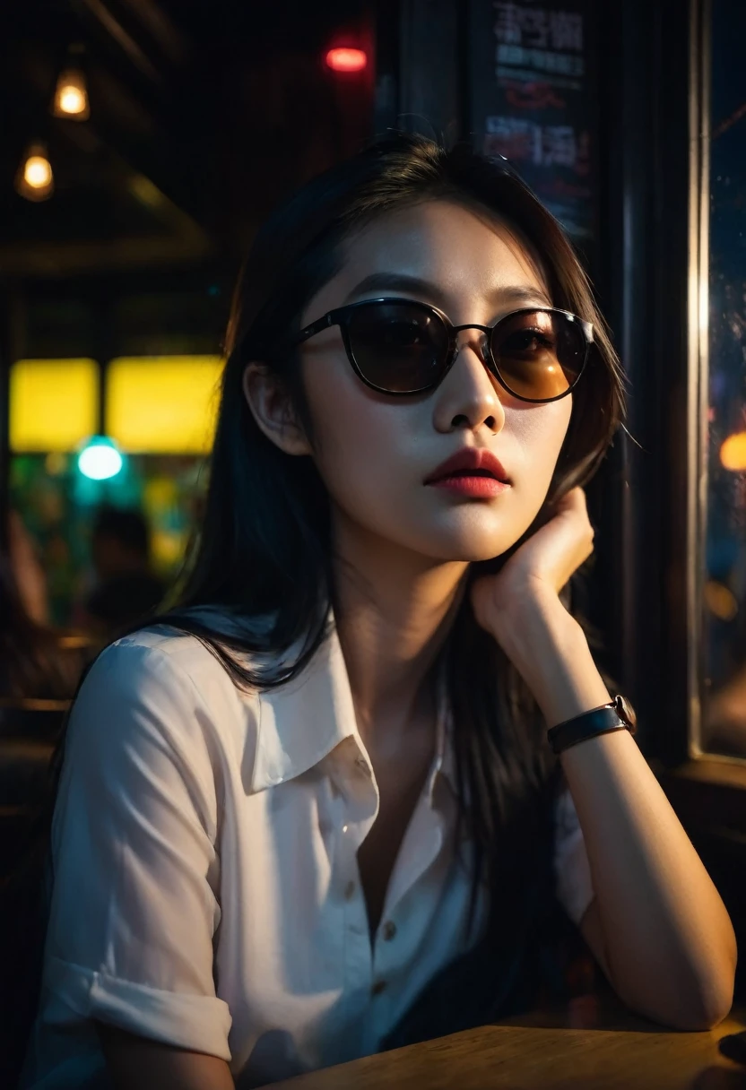 Depressed Asian woman sitting in a dim cafe at night, From the window you can see, Perfect profile, sunglasses, neon black, (Backlight: 1.1), Hard Shadows, artwork, best quality, complicated, Model shooting style, High quality, Film Grain, Incomplete details.

