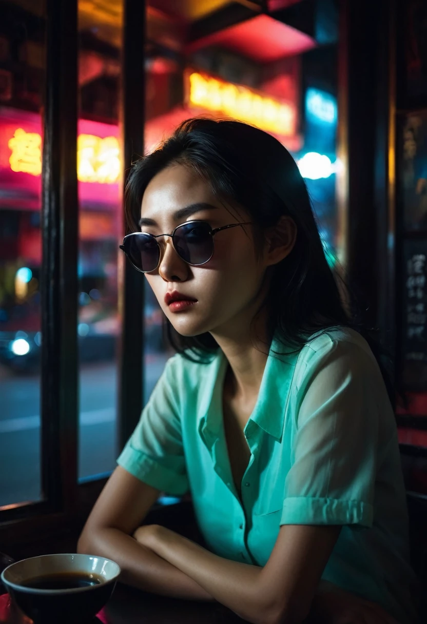 Depressed Asian woman sitting in a dim cafe at night, From the window you can see, Perfect profile, sunglasses, neon black, (Backlight: 1.1), Hard Shadows, artwork, best quality, complicated, Model shooting style, High quality, Film Grain, Incomplete details.

